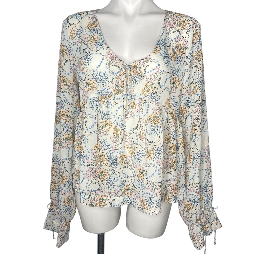 MOD Lusive Floral Peasant Top XL Ivory Blue Pink Orange Semi Sheer Long Sleeve